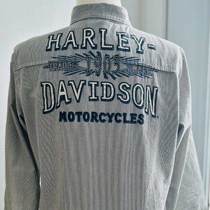 Harley-Davidson Grey-Blue Pinstripe Back Rhinestone Embellished Shirt – US M